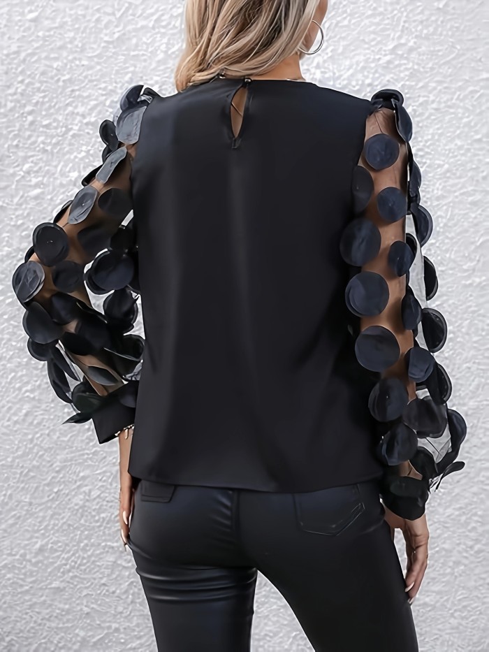 Applique Mesh Splicing Blouse, Elegant Crew Neck Long Sleeve Blouse For Spring & Fall, Women's Clothing