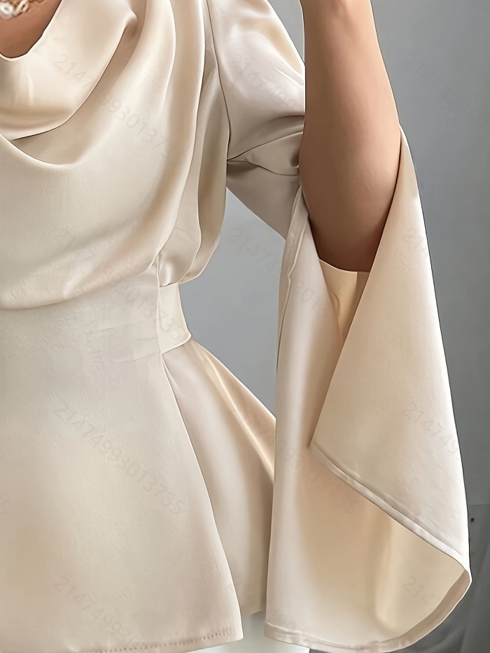 Lightweight 125g\u002Fm² Elegant Solid Color Long Sleeve Top - Polyester 100%, Lapel Collar, Split Sleeve Design, Lace-Up Bow-Knot Detail, Woven Fabric for Spring\u002FSummer\u002FFall