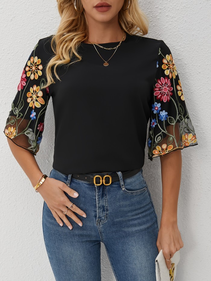 Floral Embroidered, Elegant Blouse Spring\u002FSummer Floral Embroidered Blouse - Elegant Women's Casual Round Neck, Short Sleeve with Sheer Mesh Panel, Polyester & Elastane Blend, Machine Washable