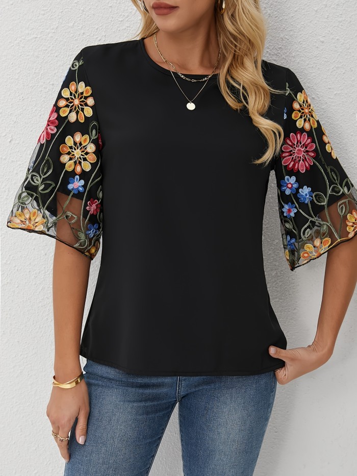Floral Embroidered, Elegant Blouse Spring\u002FSummer Floral Embroidered Blouse - Elegant Women's Casual Round Neck, Short Sleeve with Sheer Mesh Panel, Polyester & Elastane Blend, Machine Washable