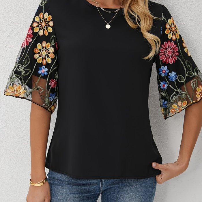 Floral Embroidered, Elegant Blouse Spring\u002FSummer Floral Embroidered Blouse - Elegant Women's Casual Round Neck, Short Sleeve with Sheer Mesh Panel, Polyester & Elastane Blend, Machine Washable