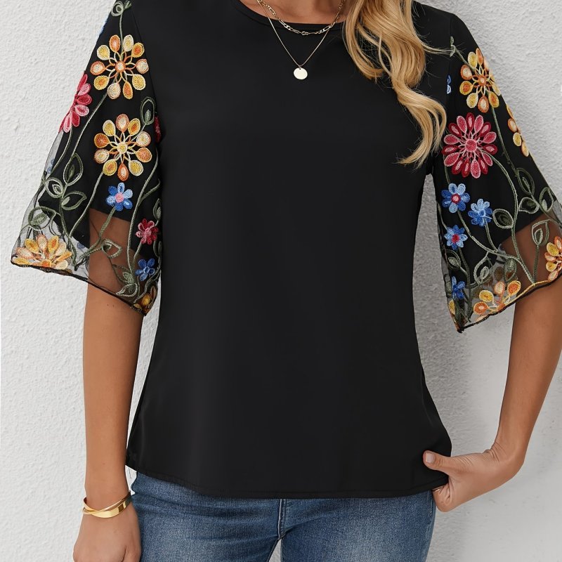 Floral Embroidered, Elegant Blouse Spring\u002FSummer Floral Embroidered Blouse - Elegant Women's Casual Round Neck, Short Sleeve with Sheer Mesh Panel, Polyester & Elastane Blend, Machine Washable