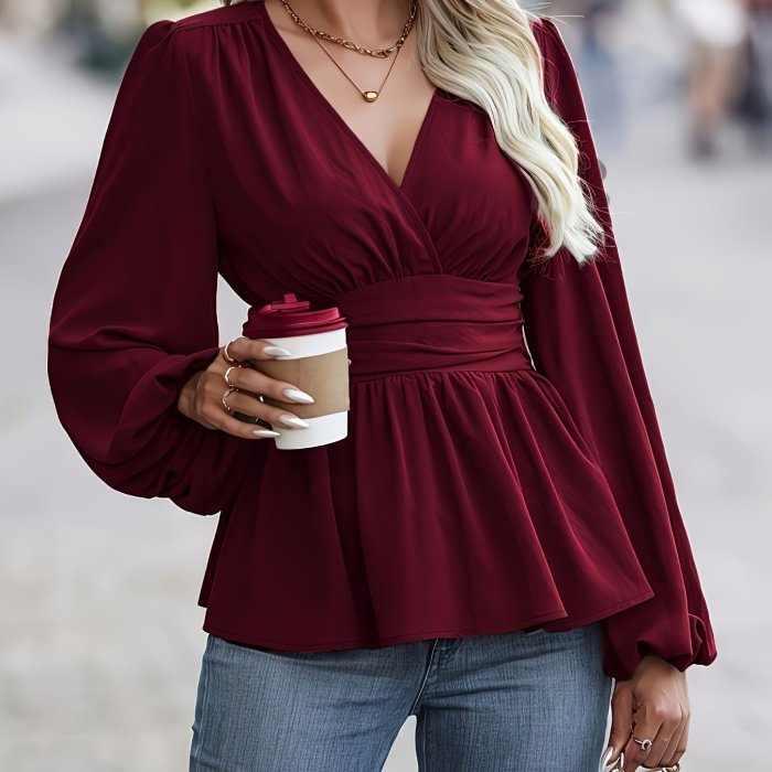 Elegant Floral Print 1pc V-Neck Long Sleeve Polyester Blouse - Women's Contrast Lapel Collar Top for Spring\u002FSummer\u002FFall