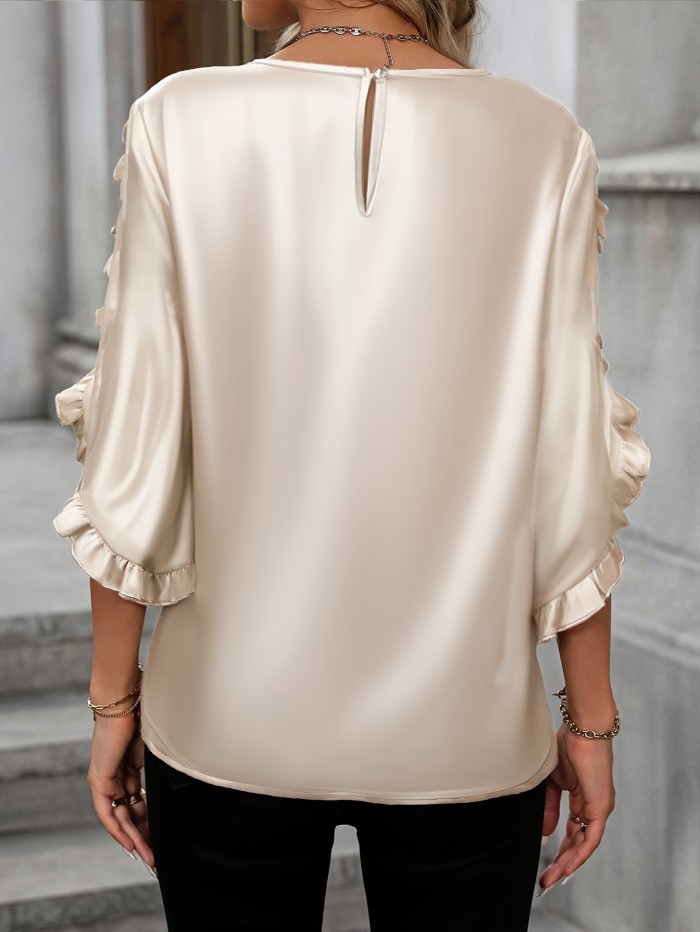 Women'S Elegant Solid Color Pleated Frill Edge Shirt, Polyester 100% Crew Neck Blouse, All-Season Woven Top, 120g\u002Fm² Fabric Weight, Versatile Fashion for Adult