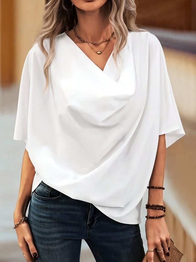 Elegant Solid Color V-Neck Blouse for Women - Versatile Polyester Shirt with Ruffled Detail, Perfect for All Seasons, Ladies Blouses