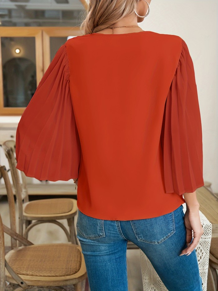 Chic Beige V-Neck Blouse Long Sleeve Beige V-Neck Blouse for Women - Chic Pleated Polyester - Sophisticated Style for All Seasons