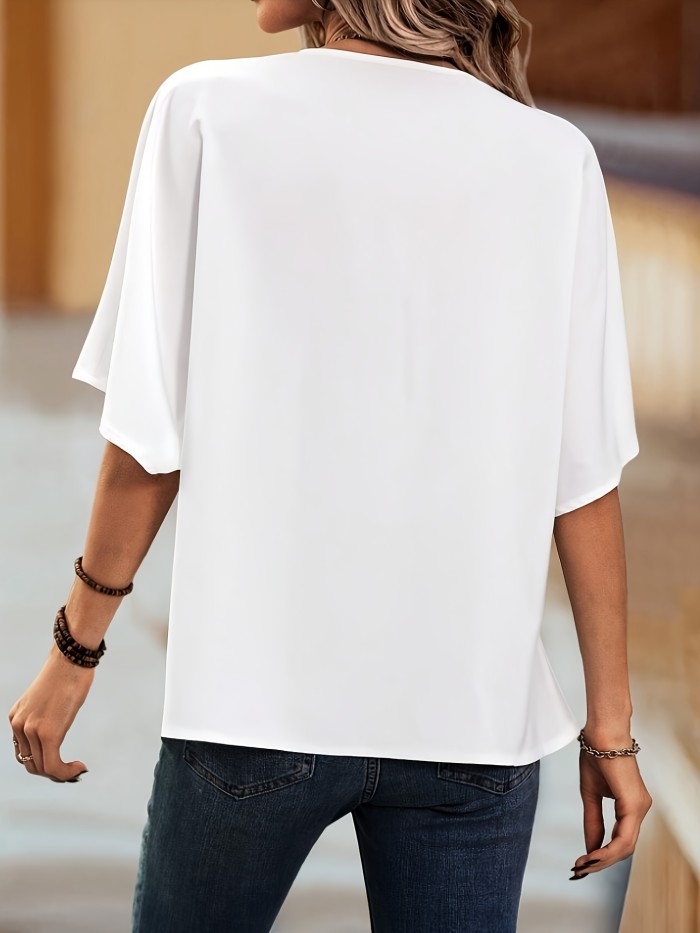 Elegant Solid Color V-Neck Blouse for Women - Versatile Polyester Shirt with Ruffled Detail, Perfect for All Seasons, Ladies Blouses