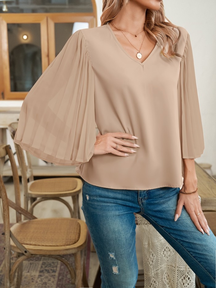 Chic Beige V-Neck Blouse Long Sleeve Beige V-Neck Blouse for Women - Chic Pleated Polyester - Sophisticated Style for All Seasons