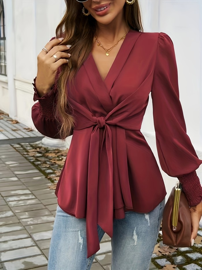 Elegant Solid Color V-Neck Blouse with Lantern Sleeves - Machine Washable, Polyester, Perfect for Spring\u002FFall