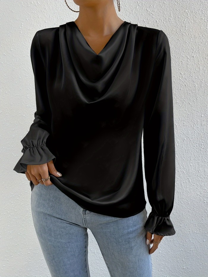 Elegant Drape Neck Blouse - Solid Color Polyester Satin Shirt with Flutter Sleeves and Pleated Details for Women, Loose Fit Pullover for Going Out, Spring\u002FFall Collection