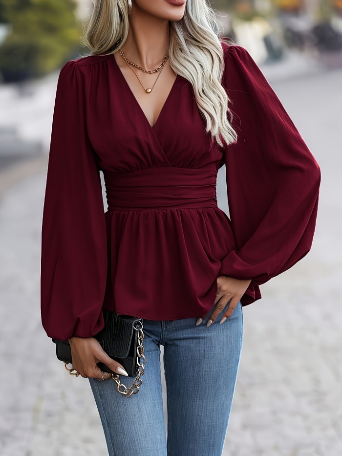 Elegant Floral Print 1pc V-Neck Long Sleeve Polyester Blouse - Women's Contrast Lapel Collar Top for Spring\u002FSummer\u002FFall