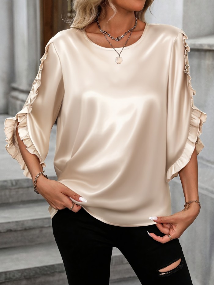 Women'S Elegant Solid Color Pleated Frill Edge Shirt, Polyester 100% Crew Neck Blouse, All-Season Woven Top, 120g\u002Fm² Fabric Weight, Versatile Fashion for Adult