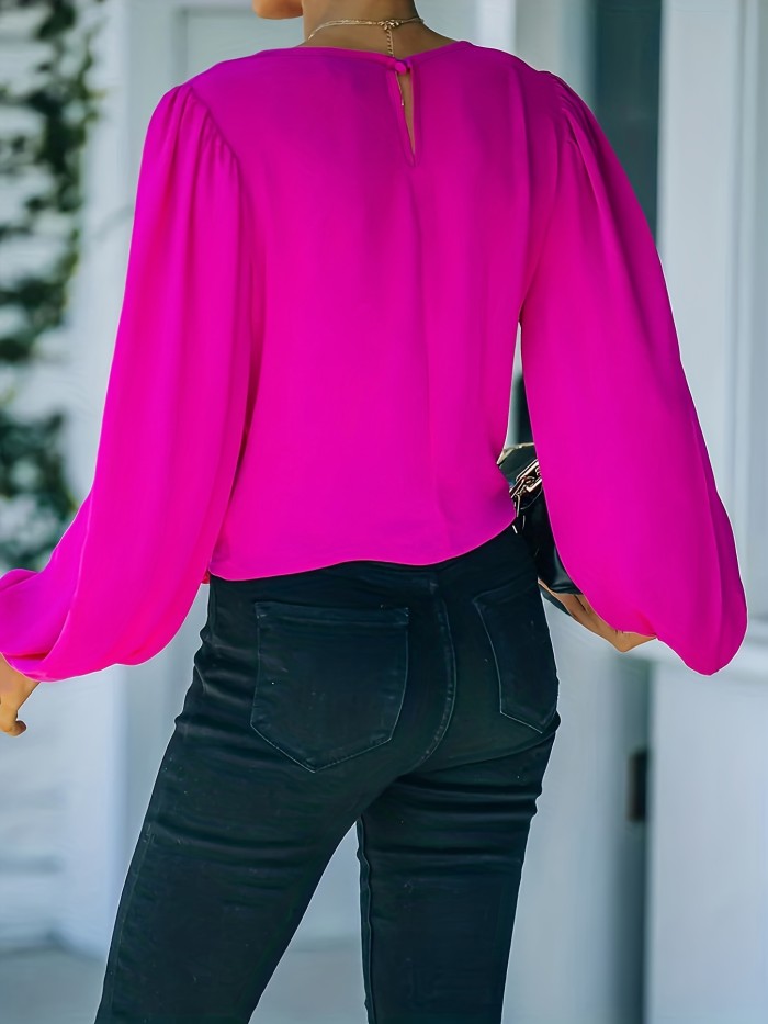 1pc Women's Casual Loose Fit Crew Neck Long Sleeve Solid Color Polyester Shirt with Lace-Up Detail, Woven Fall Season Top for Adults