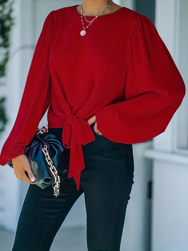 1pc Women's Casual Loose Fit Crew Neck Long Sleeve Solid Color Polyester Shirt with Lace-Up Detail, Woven Fall Season Top for Adults