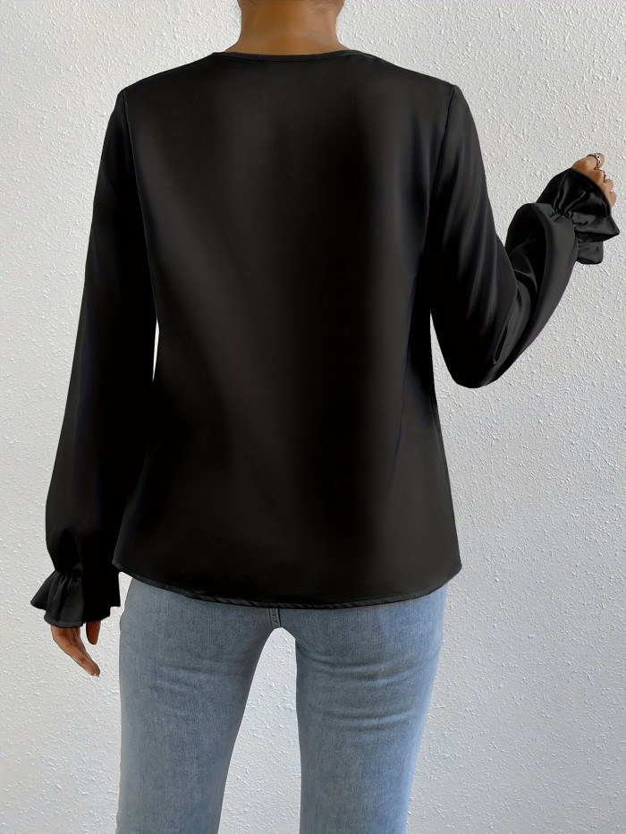 Elegant Drape Neck Blouse - Solid Color Polyester Satin Shirt with Flutter Sleeves and Pleated Details for Women, Loose Fit Pullover for Going Out, Spring\u002FFall Collection