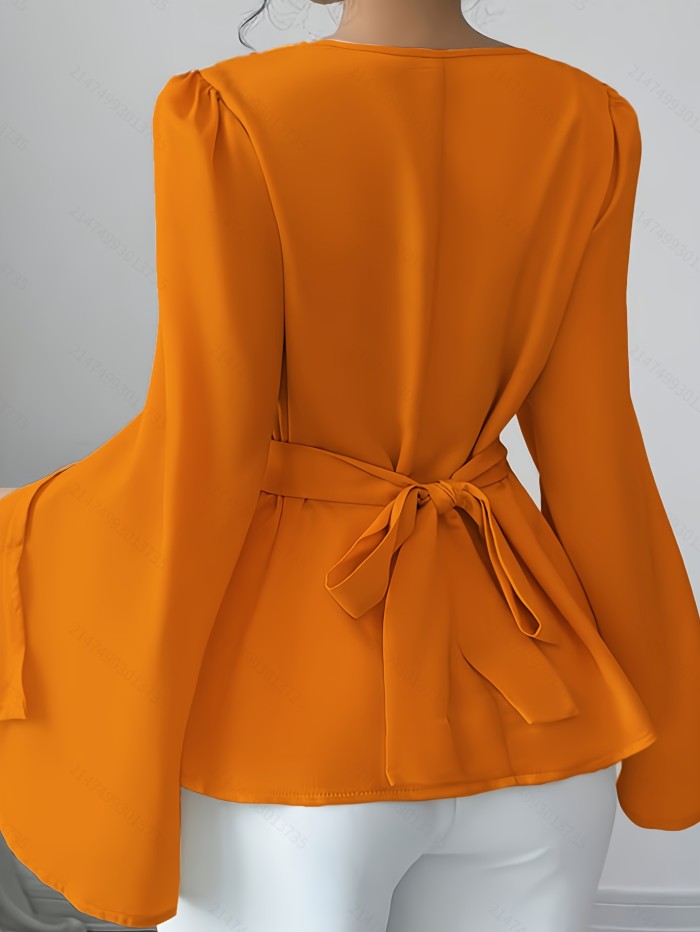 Lightweight 125g\u002Fm² Elegant Solid Color Long Sleeve Top - Polyester 100%, Lapel Collar, Split Sleeve Design, Lace-Up Bow-Knot Detail, Woven Fabric for Spring\u002FSummer\u002FFall