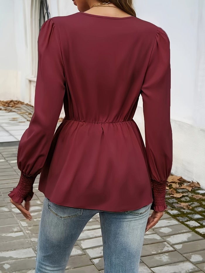 Elegant Solid Color V-Neck Blouse with Lantern Sleeves - Machine Washable, Polyester, Perfect for Spring\u002FFall