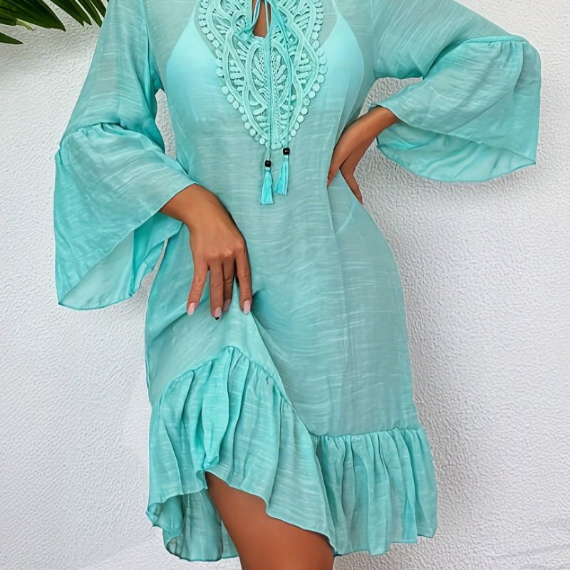Tie Neck Ruffle Hem Dress Elegant Long Sleeve Tie Neck Ruffle Hem Dress - Women's Spring & Fall Clothing