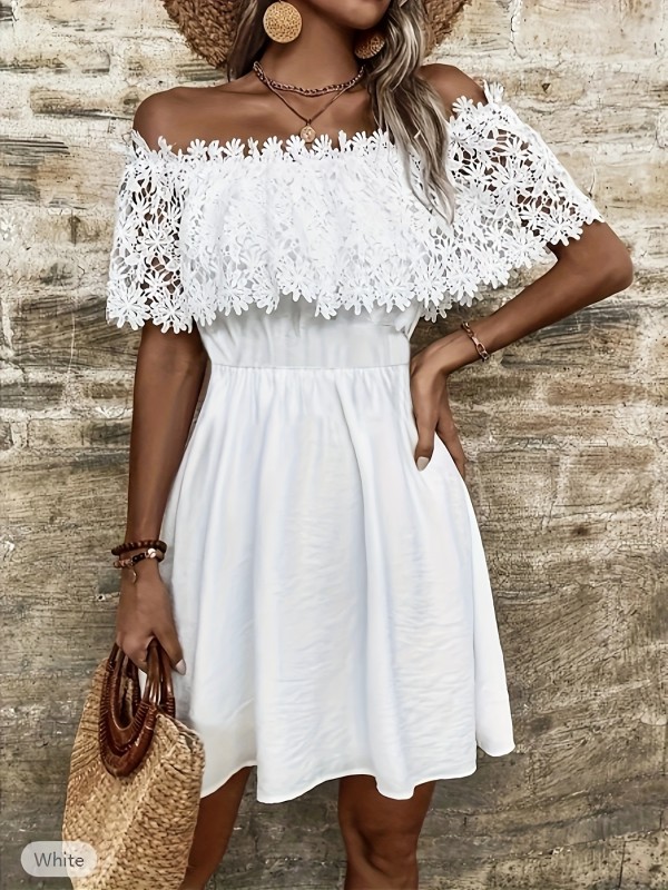 DP020638 Summer Women's Solid Color Ruffle Contrast Lace Stitching Vacation Elegant One-Shoulder Dress, No Belt