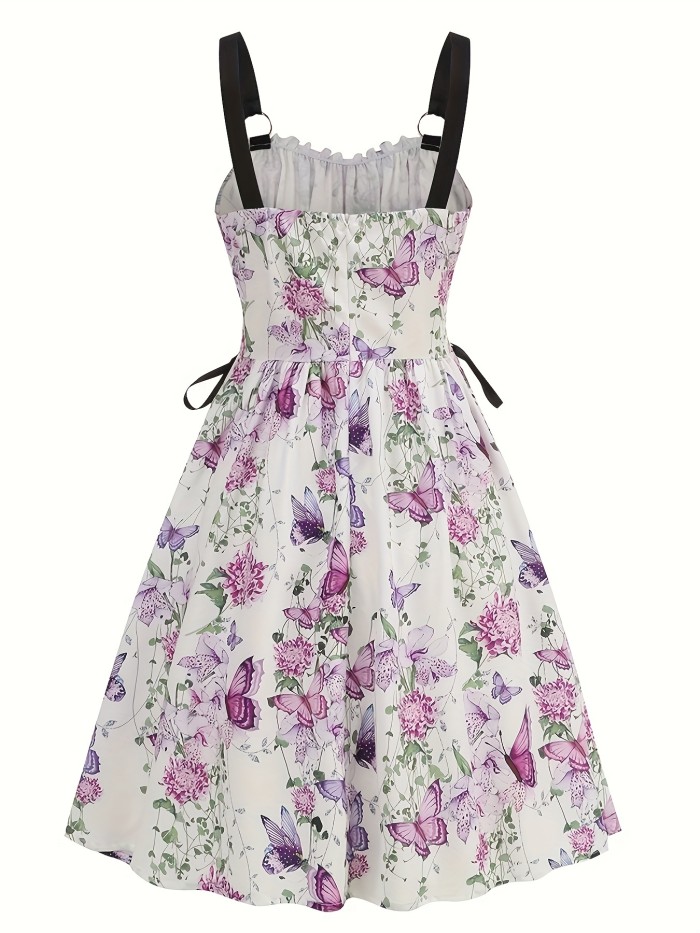 Party Elegance Elegant Floral A-Line Dress - Sleeveless, Lace-Up Waist, O-Ring Shoulders, Purple & Pink Print, Perfect for Women's Spring\u002FSummer Party Wear