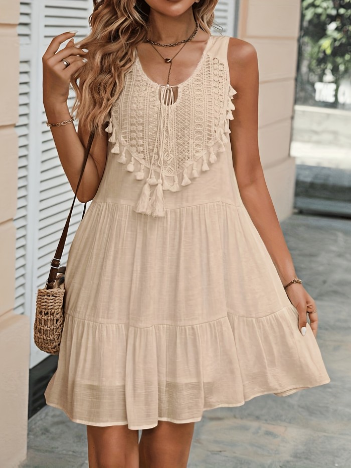 Fringed Collar Tie with Pleated Dress