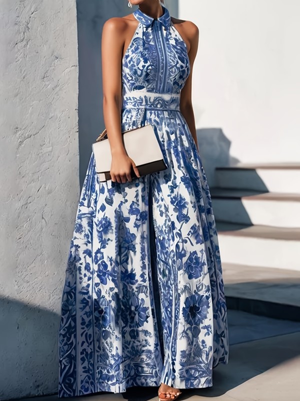 Elegant French-Style Floral Print Halter Neck Dress for Women - High Waist A-Line Spring\u002FSummer Dress with Blue and White Porcelain Pattern, Green Eye Shadow, Lining, and Satin Bands at Waist