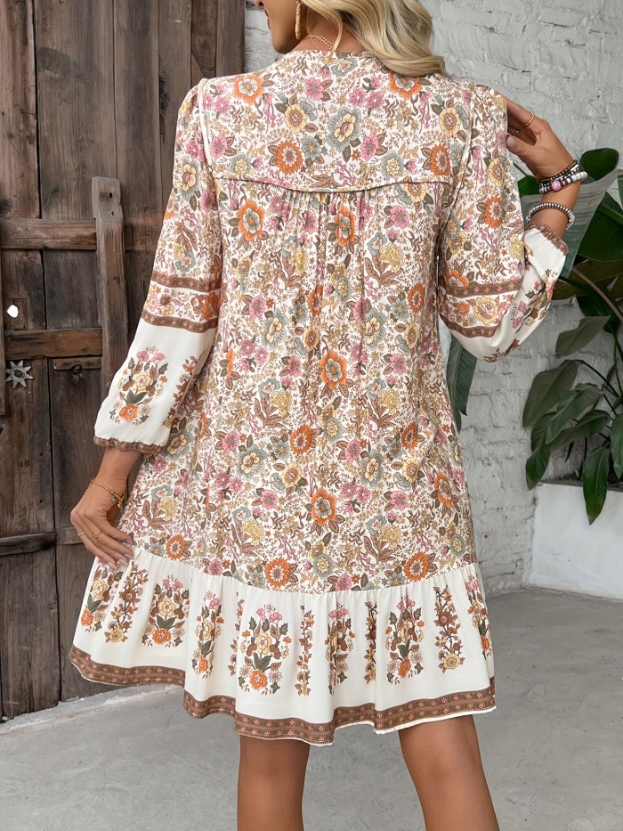 Tassel Bow Tie Elegant Floral Print Dress | Viscose | Machine Washable | Perfect for Spring\u002FSummer\u002FFall
