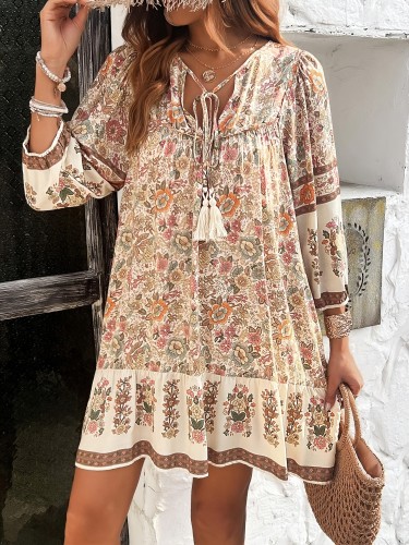 Tassel Bow Tie Elegant Floral Print Dress | Viscose | Machine Washable | Perfect for Spring\u002FSummer\u002FFall