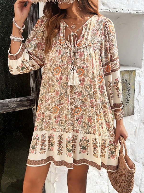 Tassel Bow Tie Elegant Floral Print Dress | Viscose | Machine Washable | Perfect for Spring\u002FSummer\u002FFall