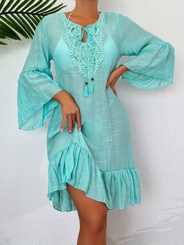 Tie Neck Ruffle Hem Dress Elegant Long Sleeve Tie Neck Ruffle Hem Dress - Women's Spring & Fall Clothing