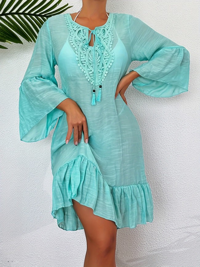 Tie Neck Ruffle Hem Dress Elegant Long Sleeve Tie Neck Ruffle Hem Dress - Women's Spring & Fall Clothing