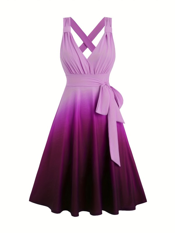 Transitional Piece, Gradient Color V Neck Dress, Elegant Sleeveless Tie Waist A-line Flowy Dress for Spring & Summer, Women's Clothing, Printed, Pleated