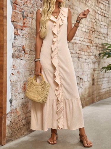 Elegant Beige V-Neck Maxi Dress with Ruffled Edges and Flowing Design - Sleeveless, Lightweight Polyester for Women, Perfect for Spring\u002FSummer Casual Wear, Cute Dress