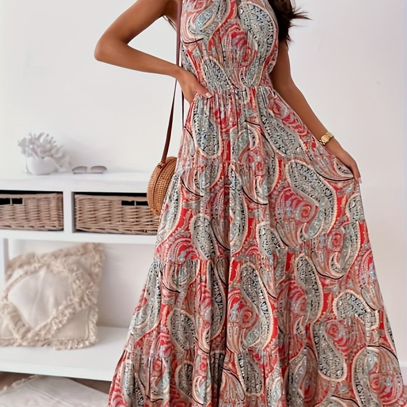 Women'S Bohemian Halter Neck Maxi Dress - Vibrant Floral Print, Sleeveless, Flowy, Perfect for Vacation & Casual Attire, Casual Attire|Bohemian Style|Halter Neckline