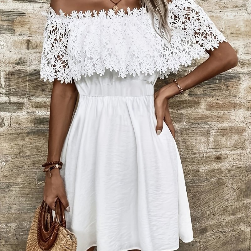 DP020638 Summer Women's Solid Color Ruffle Contrast Lace Stitching Vacation Elegant One-Shoulder Dress, No Belt