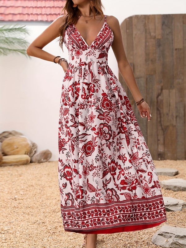 Vacation Sleeveless V-neck Maxi Dress - Tribal Floral Print Crisscross Backless Cami - Women's Clothing