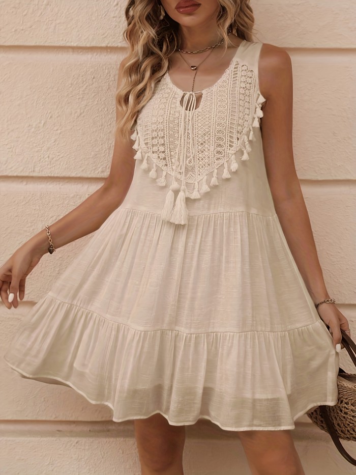 Fringed Collar Tie with Pleated Dress