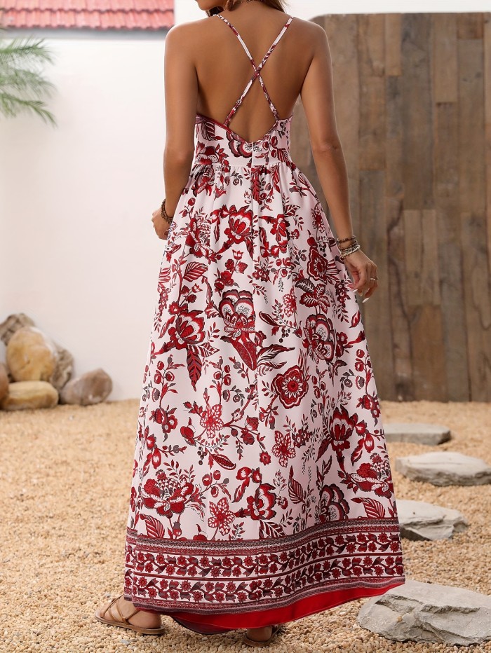 Vacation Sleeveless V-neck Maxi Dress - Tribal Floral Print Crisscross Backless Cami - Women's Clothing