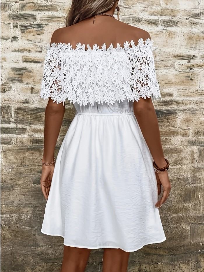 DP020638 Summer Women's Solid Color Ruffle Contrast Lace Stitching Vacation Elegant One-Shoulder Dress, No Belt