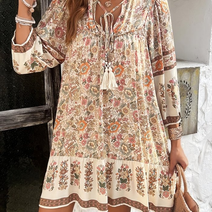 Tassel Bow Tie Elegant Floral Print Dress | Viscose | Machine Washable | Perfect for Spring\u002FSummer\u002FFall