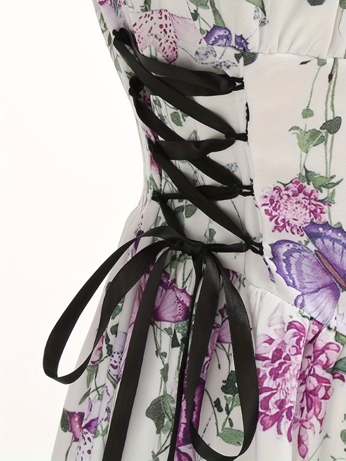 Party Elegance Elegant Floral A-Line Dress - Sleeveless, Lace-Up Waist, O-Ring Shoulders, Purple & Pink Print, Perfect for Women's Spring\u002FSummer Party Wear