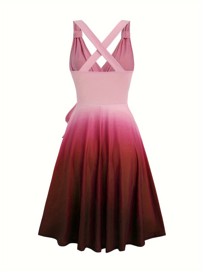 Transitional Piece, Gradient Color V Neck Dress, Elegant Sleeveless Tie Waist A-line Flowy Dress for Spring & Summer, Women's Clothing, Printed, Pleated