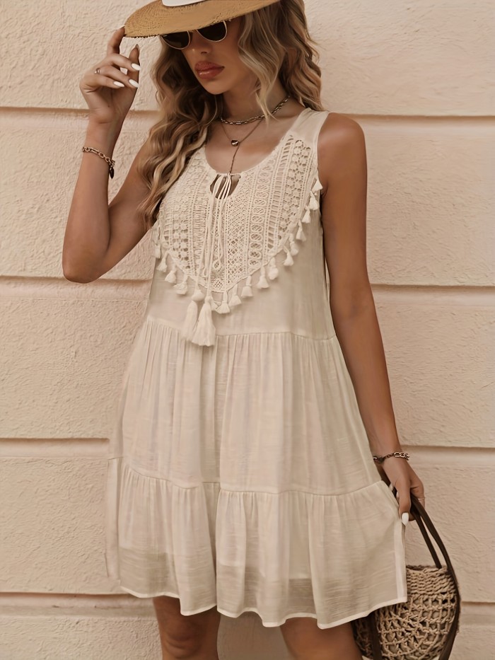 Fringed Collar Tie with Pleated Dress
