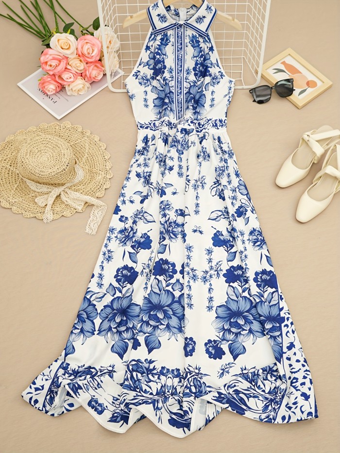 Elegant French-Style Floral Print Halter Neck Dress for Women - High Waist A-Line Spring\u002FSummer Dress with Blue and White Porcelain Pattern, Green Eye Shadow, Lining, and Satin Bands at Waist