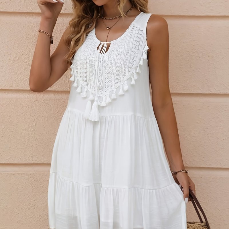 Fringed Collar Tie with Pleated Dress