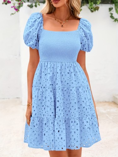 Women'S Summer Lantern Sleeve Mini Dress Off-The-Shoulder Hole Pleated A-Line Casual Doll Skirt