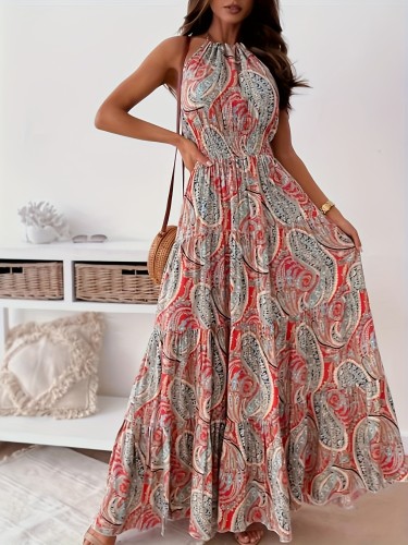 Women'S Bohemian Halter Neck Maxi Dress - Vibrant Floral Print, Sleeveless, Flowy, Perfect for Vacation & Casual Attire, Casual Attire|Bohemian Style|Halter Neckline