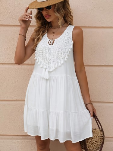 Fringed Collar Tie with Pleated Dress