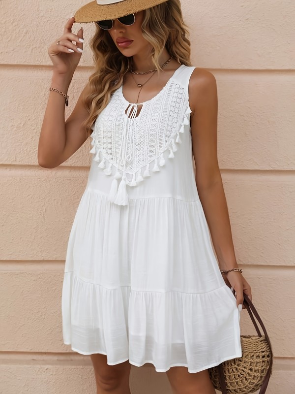 Fringed Collar Tie with Pleated Dress