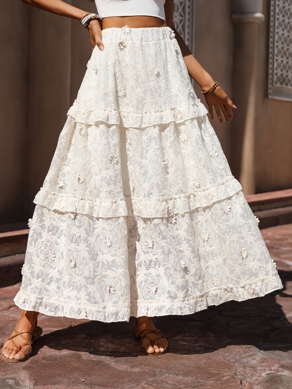 Versatile Solid Color Elegant Lace Tiered Maxi Skirt - 95% Polyester, 5% Elastane, Woven, Casual Style for All Seasons